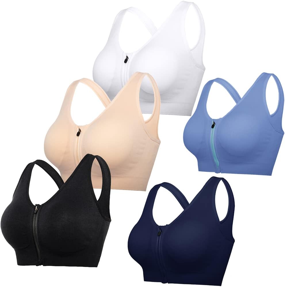 5PCS Women's Zip Front Sports Bra Post-Surgery Bra Zipper Front Wirefree Removable Pads Yoga Bra Racerback Workout Bras
