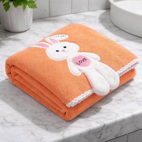 Image of Story@Home Kids Microfiber Bath Towel with Bunny Design | Quick Dry & Soft | 300 GSM | 120 x 70 cm | Lightweight Pool, Beach & Bath Towel for Boys & Girls | Orange