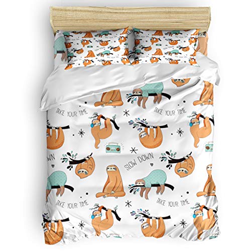 Yogaly Home Bedding Set 4 Pieces Full Size for Adults/Teens/Children/Baby Cute Cartoon Sloth Illustrations Printed Bed Sheets, Duvet Cover, Flat Sheet, Pillow Covers