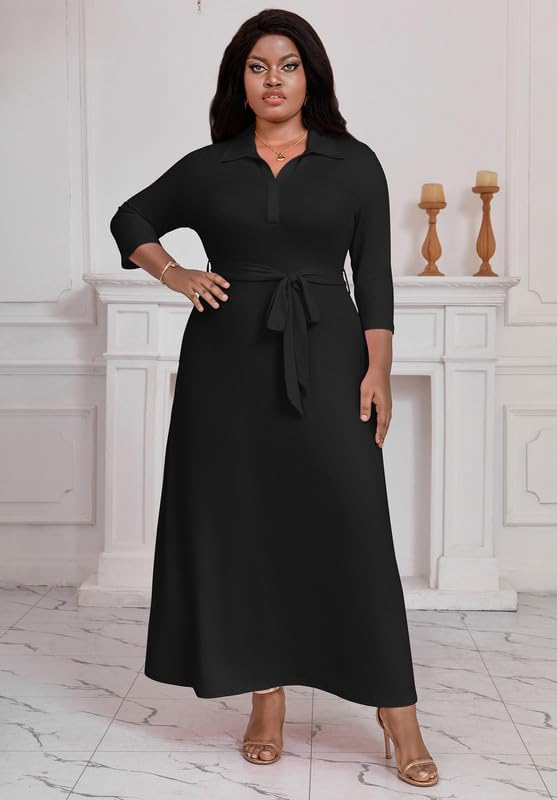 Maxi Dresses for Women Casual V Neck 3/4 Sleeve Long Church Dress Semi Formal Outfits with Pockets - Image 2