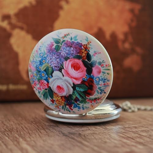 Image of VIGOROSO Vintage Floral Bird Manual Mechanical Pocket Watch for Men & Women - Elegant Wind Up Pocket Watches Skeleton with Chain & Gift Box