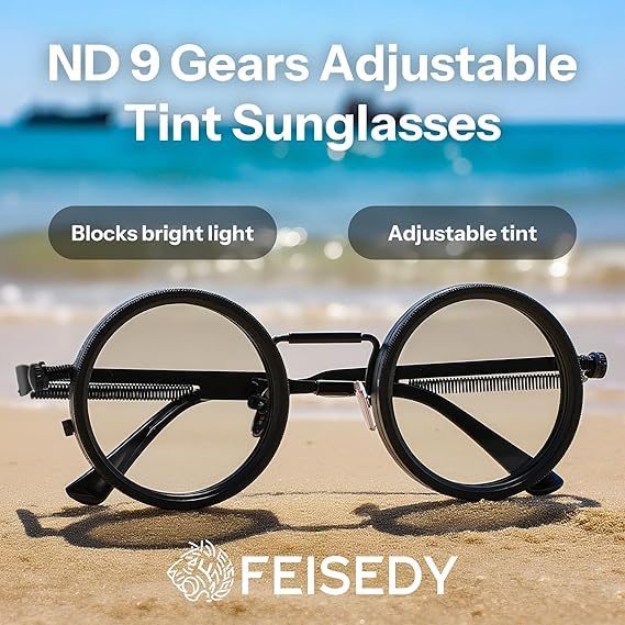 Image of Adjustable Tint Polarised Round Sunglasses with ND9 Continuously Adjustable Lenses for Men, 1-9 Speed Beach Sunglasses Glasses (BLACK)