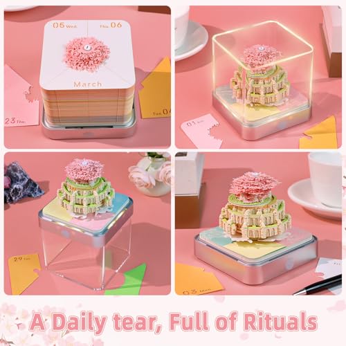 Schreibtischkalender mit Lichtern, 2026 Schreibtisch Kalender 3D Memo Pad Papier Kunst Sakura Baum Kreative 3D Notizblock Papier Schnitzen Geschenk Desktop Dekoration Battery not included