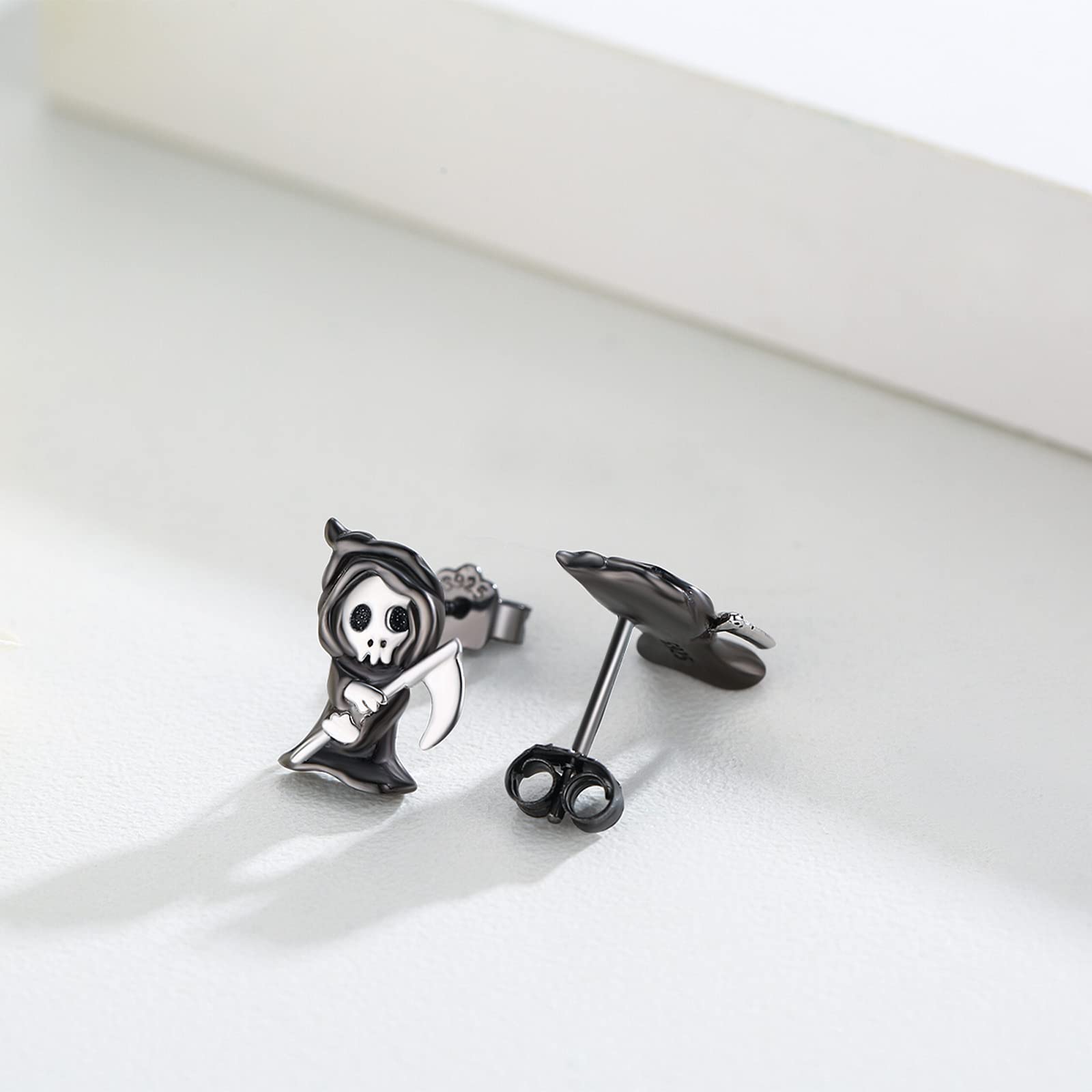 Reaper Pendientes de plata de ley 925, pendientes de hombre de parca negros, pequeños aretes de esqueleto, Halloween, parca, regalo para mujeres y hombres, Plata de ley