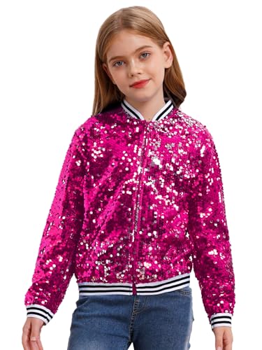 Kids Girls Shiny Sequin Varsity Jacket Long Sleeve Front Zipper Baseball Bomber Jacket Coat3