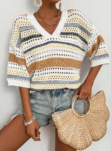 Image of Acelitt Crochet Tops for Women Summer Short Sleeve Sweater | Boho Striped Knit Top, 3 /4 Sleeve, Hollow Out Oversized Sweaters, Lightweight Blouses, Spring Fall Outfits for Beach Vacation