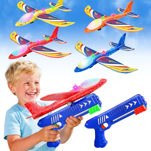 Winstico Geschenk Spielzeug Flugzeug für 5 Jahre Kinder: 2er Pack Flugzeug-Werfer-Spielzeug mit 4er Pack Schaumgleiter - Outdoor Kinderspielzeug – Wurfgleiter für Jungen Mädchen ab 3 4 5 6 7 8