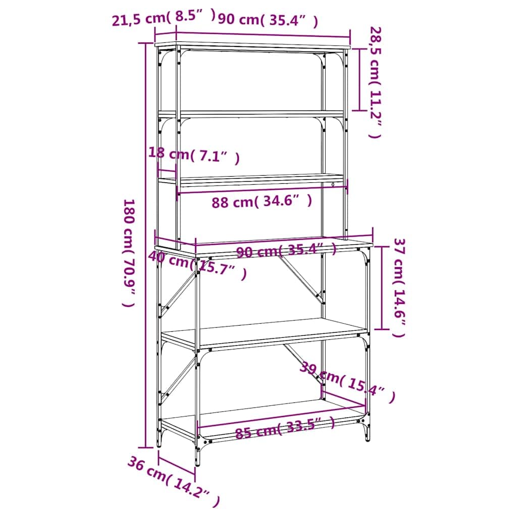 Solivagant Bäckerregal 6 Fächer Braun Eichen-Optik 90x40x180 cm, Küche Esszimmer,Küchenhelfer -utensilien,Küchenorganizer,Küchenutensilienhalter -ablagen, 27.93 kg-834224