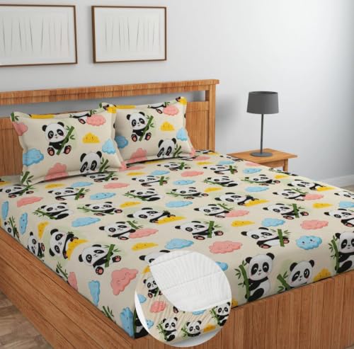 Image of NEW LEAF Cotton Fitted King Size Double Bedsheets with 2 Pillow Covers | Elastic Fitted | Wrinklefree | Ultrasoft |All Season Bedsheet 220 tc tc Floral | 78 x 72+8 Inches, Cream
