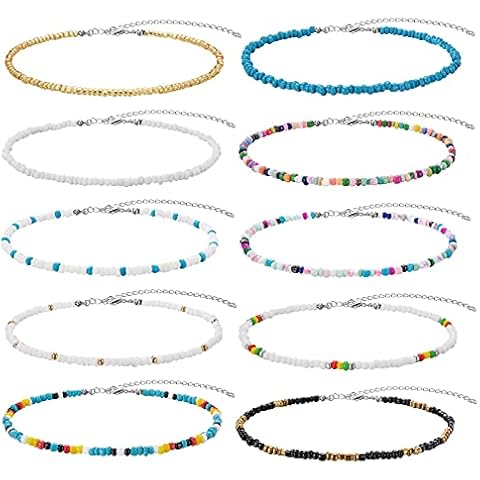 Beaded Necklace - Tiny Seed Beaded Choker Necklace, Boho Hawaiian White Rainbow Adjustable Colorful Chokers for Women Girls(Color Set 3, 10 Pieces) Cover