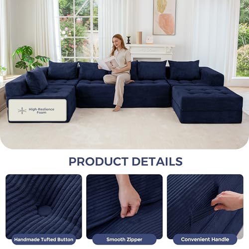 Image of MAXYOYO Modular Sectional Sofa Couch, Foldable U Shaped Cloud Couch with Pillows, Tufted 7-Seat Boneless Lounger Floor Sofa Bed for Living Room, No Assembly Required, Navy