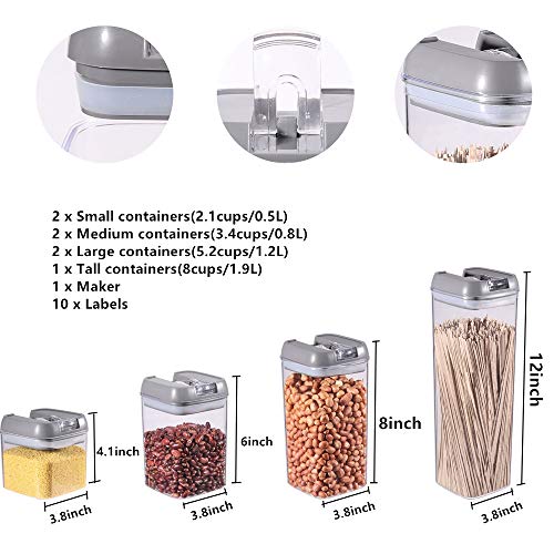 YCOCO Food Airtight Storage Containers with Lids,7 Pieces Plastic Cereal Storage Containers,for Kitchen Pantry Organization and Storage,Include Labels and pen,Grey