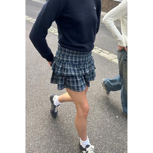 Women Y2K Plaid Mini Skirt Cute Elastic Waist Layered Pleated Ruffled Short Skirt Summer Gingham A Line Flowy Skirt4