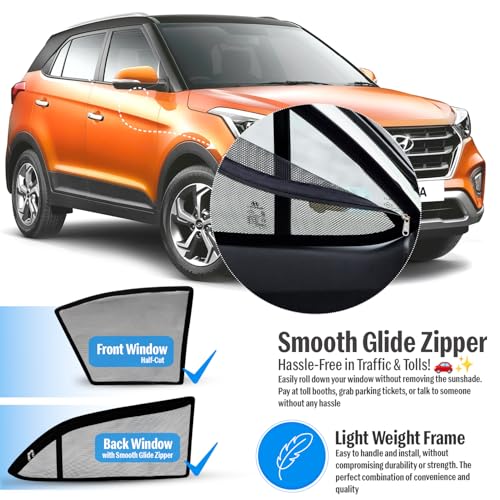 Image of Autofact Magnetic Car Sunshades Compatible with Hyundai Creta Old (2015 to 2020) (Set of 4) - Easy Installation, UV Protection (Front 2 Half-Cut for Side Mirror Visibility, Rear 2 with Zippers)
