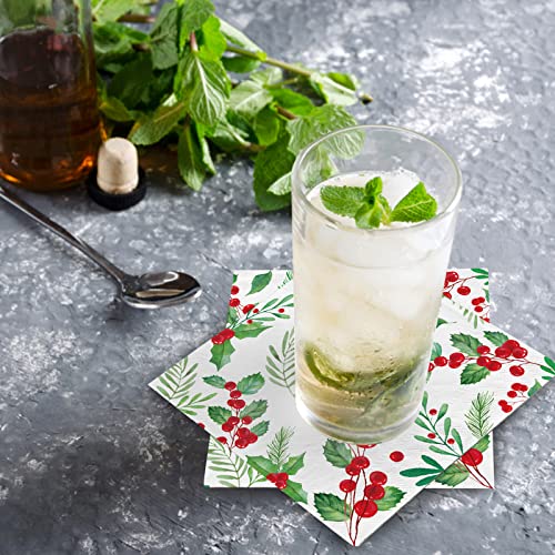 Christmas Party Supplies, Christmas Seasonal Holly Paper Beverage Napkins, Paper Cocktail Napkins for Party and Holiday Party Decorations – Image 4