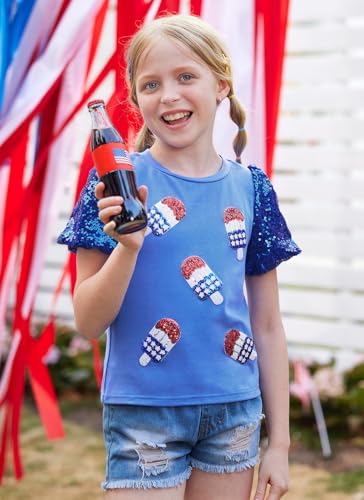 BesserBay Girls 4th of July Sequins Stars Shirt Stripes Puff Short Sleeves Top Shiny Crew Neck Blouse 6-14 Years2