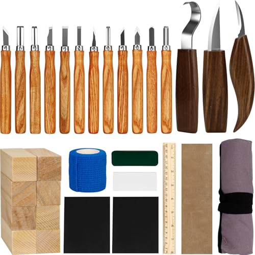 Kit Intaglio Legno 33 Pezzi,con blocchi di legno,coltelli e accessori pratici per intaglio sicuro e creativo;set di coltelli da intaglio,perfetto per principianti,hobbisti e come regalo creativo