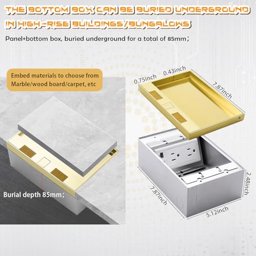 Image of Brass Recessed Floor Outlet Box, UL Listed Low Profile Waterproof Flip-up Floor Outlet with 4 AC Outlets, USB-a & USB-c Charging Ports, Dual Rj45 Ethernet Ports for Office Conference Room