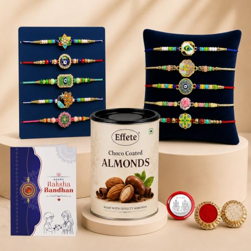 Image of DeoDap Rakhi with Chocolate for Brother - Multi Design Unique Style Rakhi 10 Pcs with Almond Chocolate, Silver Color Pooja Coin, Greeting Card & Tilak Set - Tradtional Raksha Bandhan Combo Pack