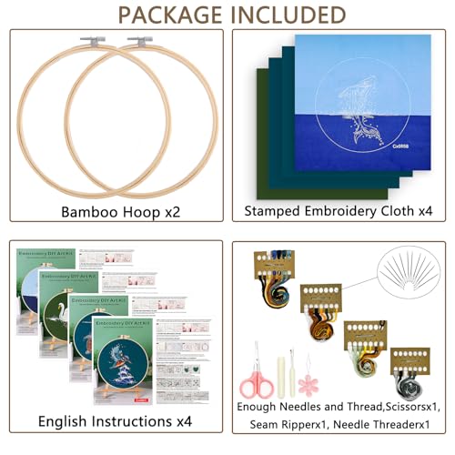 Image of Picoey Embroidery Kit for Beginners with Animal Pattern and Instructions,4 Pack Cross Stitch Kits,2 Wooden Embroidery Hoops,Threads and Needles,Needlepoint Kit
