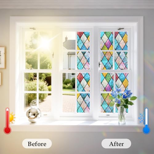 WPCTEV 3D Window Film No Glue Privacy for Glass Sticker Static Cling Heat Control Anti UV Non-Adhesive Decorative Rhombus 17.5 Inch x 6.5 Feet