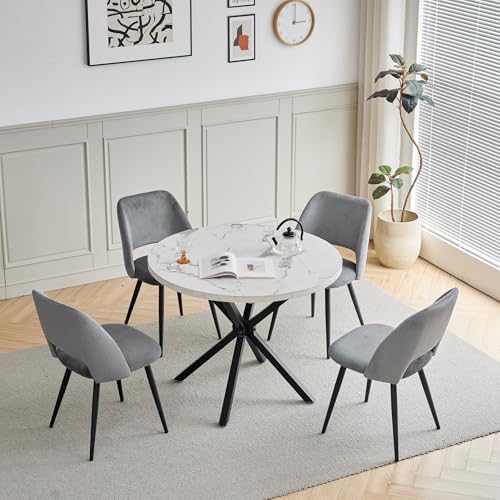 DEYARNA HOME Table à Manger Ronde 100cm avec 4 Chaises Velours Côtelé, Style Mid-Century Moderne, Table de Cuisine avec 4 Chaises Rembourrées, pour...