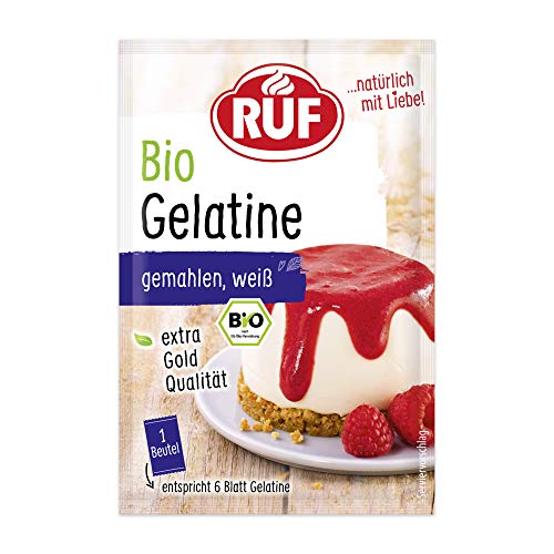 RUF Bio Gelatine gemahlen, extra Gold Qualität, Gelatine vom Schwein aus kontrolliert biologischen Anbau, 1 Beutel entspricht 6 Blatt Gelatine, glutenfrei, 3x9g