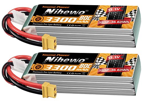 Nihewo 2Packs 11.1V Lipo Battery, 3S Lipo Battery 3300mAh 80C XT60 Connector Compatible with Axial E-flite RC Airplane Helicopter Quadcopter Car Truck Vehicle Boat Models