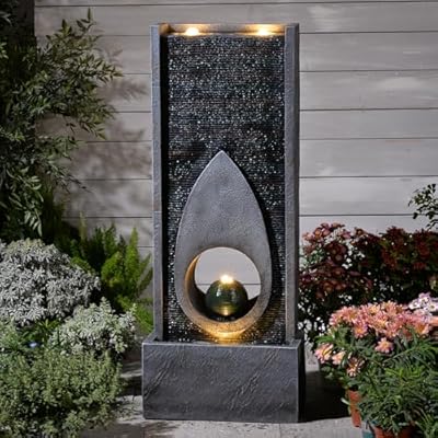 46.5’’Tall Modern Water Fountain Indoor Outdoor Waterfall Feature Floor Standing with Sphere and LED Lights for Garden, Yard, Patio, Deck, Porch, Livingroom Decor