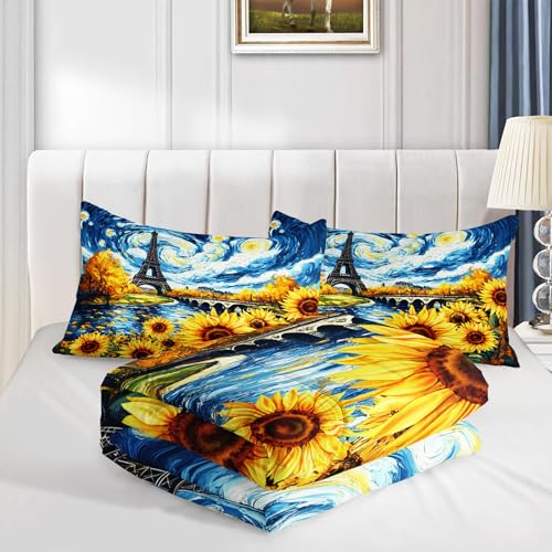 Image of AILONEN Yellow Sunflower Bedding Set Full Size,Eiffel Tower Comforter Set for Girls Women,Oil Style Flowers Floral Van Gogh Quilt with 2 Pillowcase,3Pcs
