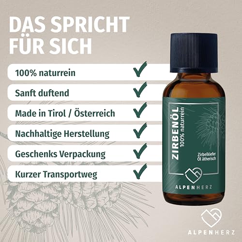 Alpenherz Zirbenöl 30 ml - 100% naturrein, ätherisches Zirbelkieferöl aus Österreich für Duftöl Raumduft Duftlampe Zirbenwürfel Diffuser Zirbe Lufterfrischer Zirbelkiefer Öl Geschenke