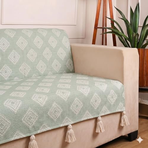 Image of STITCHNEST 'Verdant Rekhika Stories' 2 Seater Sofa Cover - Full Coverage| Elegant Jacquard Fabric, Decorative Tassels, Washable & Durable for Modern Living