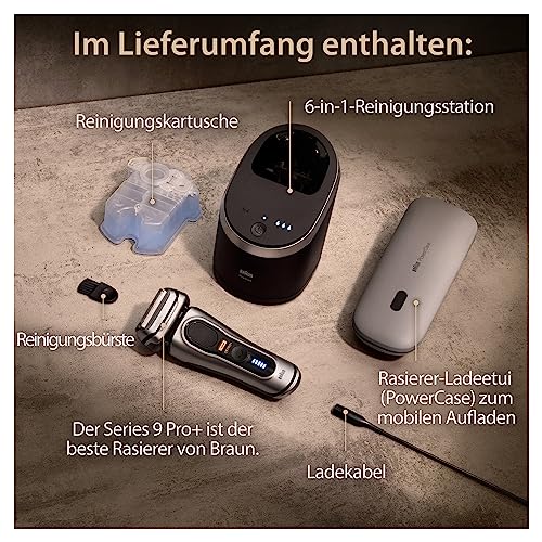 Image of Braun Series 9 Pro+ Men's Electric Shaver with 5 Pro Razor Elements, Long Hair Trimmer & Cleaning Station, Razor Charging Case, PowerCase, 60 Minutes Running Time, Made in Germany, 9577cc, Silver