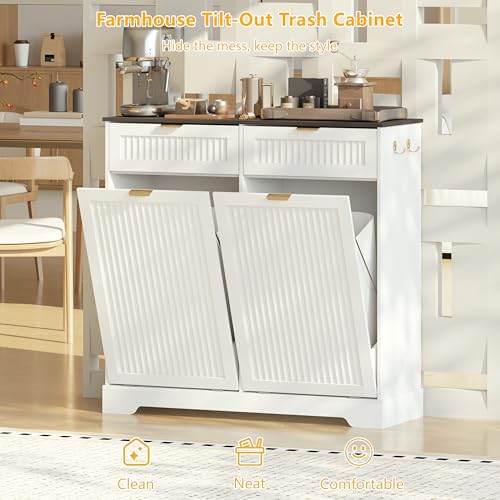 Image of Double 13 Gallon Tilt Out Trash Can Cabinet,Garbage Cabinet with Drawer | Hidden Garbage Storage with Fluted Design, Drawer & Hooks for Kitchen, Dining Room and Small Space Organization,White