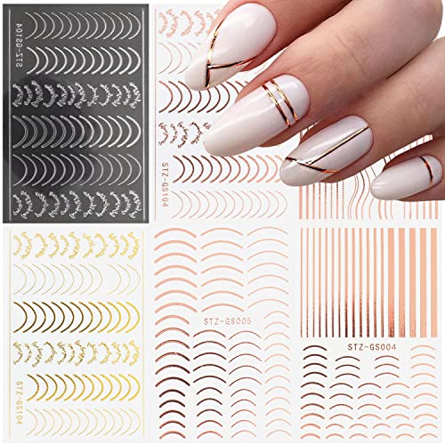 Line Nail Art Stickers: Rose Gold & Silver 3D Metallic Curve Stripe Wave Lines - French Nail Designs & Wavy Decorations - 6 Sheets