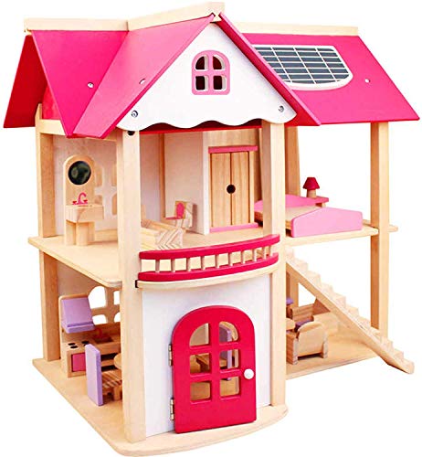 Knick Knack Wooden Doll House Playset Comes with A Furniture Pieces to Decorate The Interior | Miniature Pretend Play House for Children (Vibrant Pink