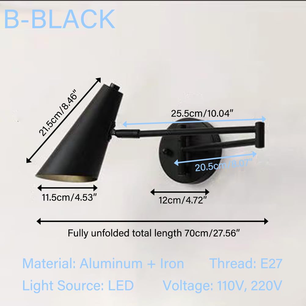Schwenkarm Wandleuchte Leselampe Verstellbar mit E27 Fassung Nachttisch de Wall Scone Lange Dimmbar Wandlampe für Schlafzimmer Büro Studie Esszimmer,Schwarz,B1