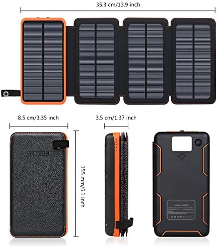 FEELLE Solar Charger 25000mAh Power Bank with Dual 2.1A USB Ports, 4 Solar Panels External Battery Pack Outdoor Waterproof Solar Phone Chargers for Smartphone, Tablets, Camera and Other Devices