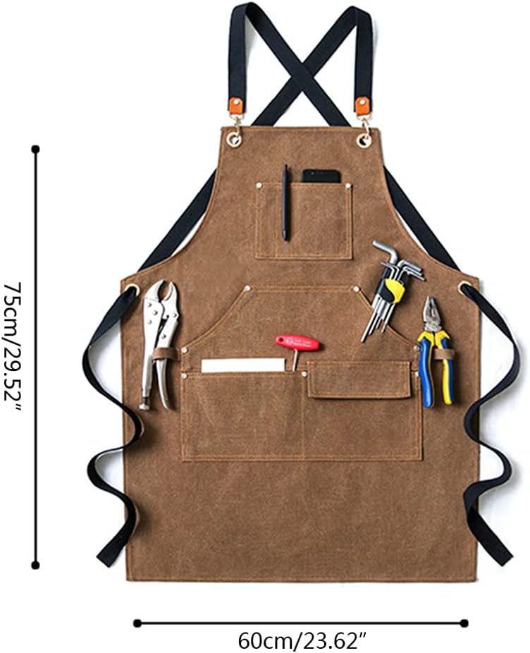 Tool apron, Men Women Canvas Work Apron Cross-Back Adjustable Shoulder Strap Handcraft Bib with Multi Tool Pockets