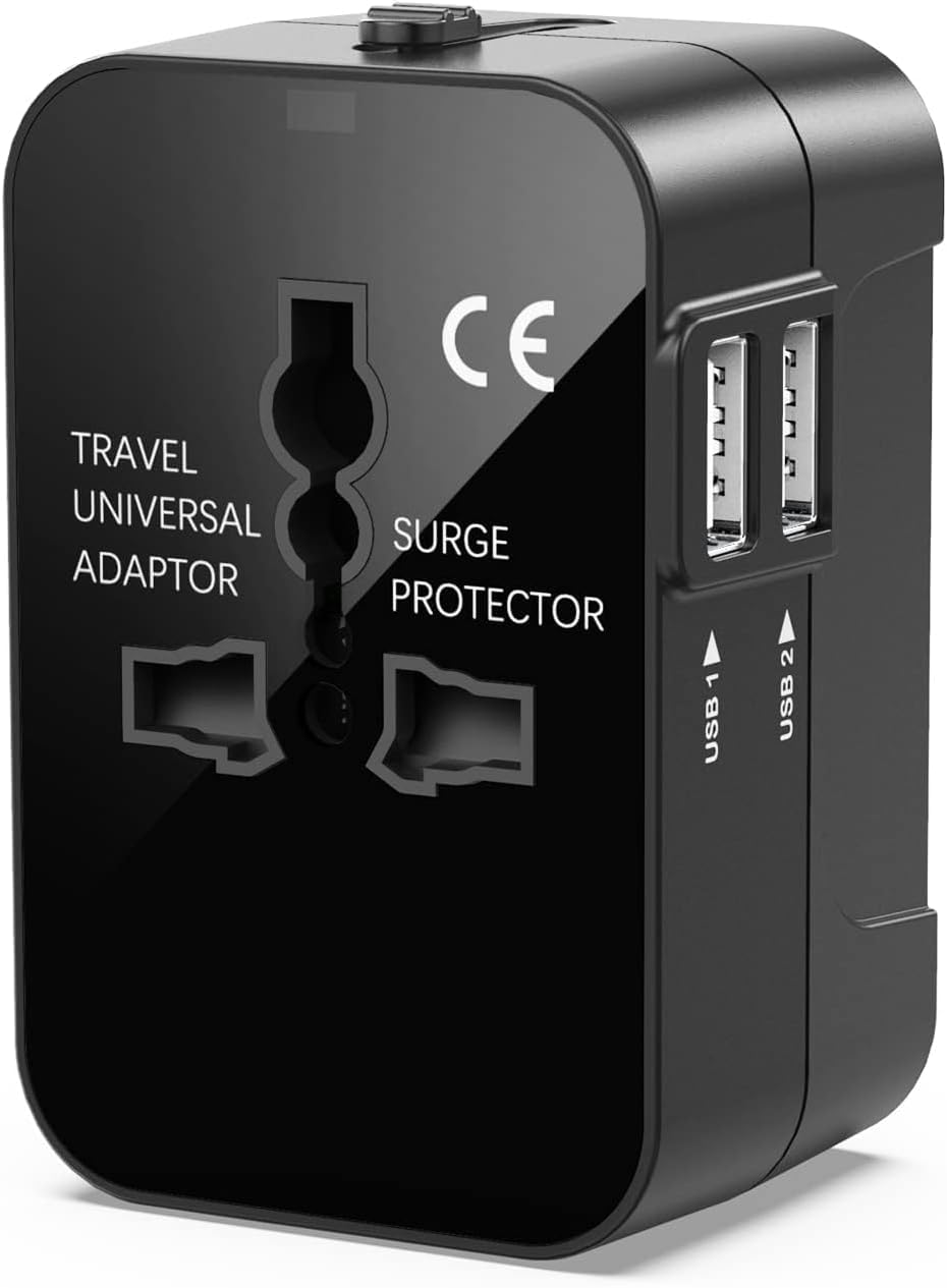 Generic Travel Adapter, Worldwide All-In-One Universal Power Adapter, Charging Ports- US EU UK AUS Cellphone Tablet PC, AC Plug w/Dual USB2.1A 100-250 Voltage, Multi Type Power Outlet Black