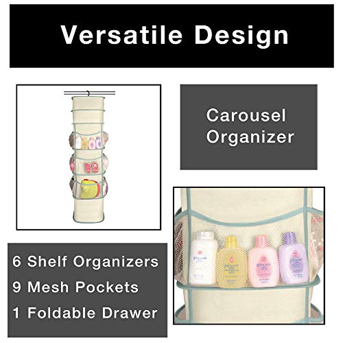 Smart Design 6-Tier Smart Carousel Organizer w/ 6 Pockets, Steel Metal Hook, & Foldable Drawer - 360 Degree Swivel - Clothing, Accessories, & Misc. Item Storage Organization (11 x 53.5 Inch) [Beige] - Thumbnail 3