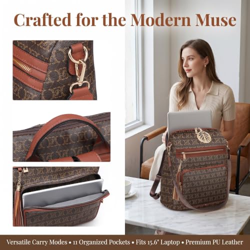 Image of JULIE FERRARO Women Convertible Backpack Purse, Large PU Leather Travel Backpack with Multi Pockets, Shoulder Handbag Set with Wristlet for Work, Travel & Daily Use