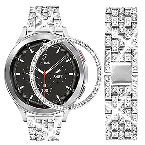 DEALELE Bands Compatible with Samsung Galaxy Watch 4 Classic (46mm), 20mm Luxury Rhinestone Diamond Metal Steel Bracelet with Watch Face Bezel Ring Case Cover Replacement for Women Men (Silver)