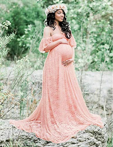RICWINANN-Womens-Off-Shoulder-Ruffle-Sleeve-Lace-Maternity-Gown-Maxi-Photography-Dress-Peach-Pink-Medium