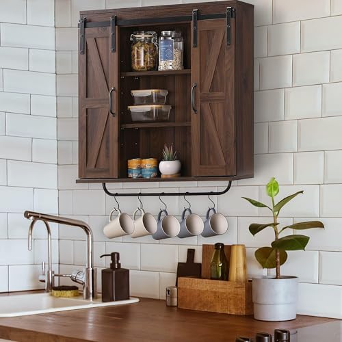 Image of RUSTOWN Farmhouse Bathroom Wall Cabinet with Sliding Barn Door & Towel Rack