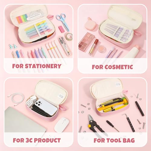 Image of SUNEE Cute Pencil Case, Kawaii Big Capacity Pencil Pouch, Personalized Initial Pencil Bag with Zipper, Stationery Storage and Organizer, Back to School Supplies, Pen Box for Girls & Boys, Teen, A-Pink