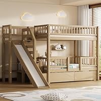 RUNNA Twin Over Twin Bunk Bed with Slide, Storage Drawers & Staircase, Solid Pine Wood Frame, No Box Spring Needed, Kids Bedroom Space-Saving Furniture (01-Walnut)