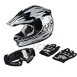 TCMT Dot Youth & Kids Motocross Offroad Street Helmet Black Skull Motorcycle Youth Helmet Dirt Bike Motocross ATV Helmet+Goggles+Gloves M
