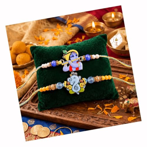 Image of TIED RIBBONS Rakhi for Kids - Krishna & Ganesha Kids Rakhis Set of 2 with Tikka - Kid Rakhi for Brother - for Rakshabandhan Combo Set