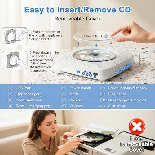 Image of Gueray CD Player Portable Bluetooth: Mini CD Player with 1800mAh Battery Desktop & Wall Mountable for Home /Kitchen Personal CD Player with Speakers FM Radio for Kids & Kpop Fans